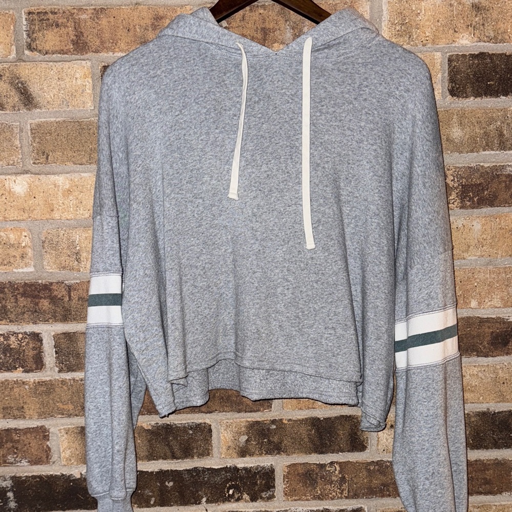 American Eagle Outfitters Gray Cropped Hoodie with Striped Sleeves